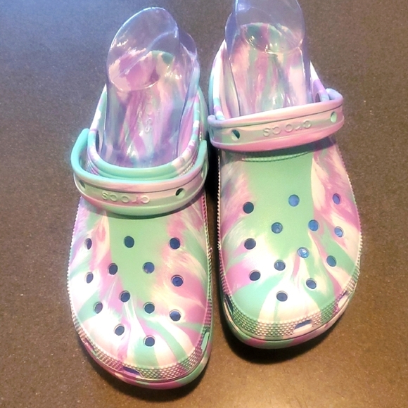 CROCS Pink/Purple, Green Marbeled Sz. 10 Platform Mules, Clogs NWOT - Picture 1 of 9